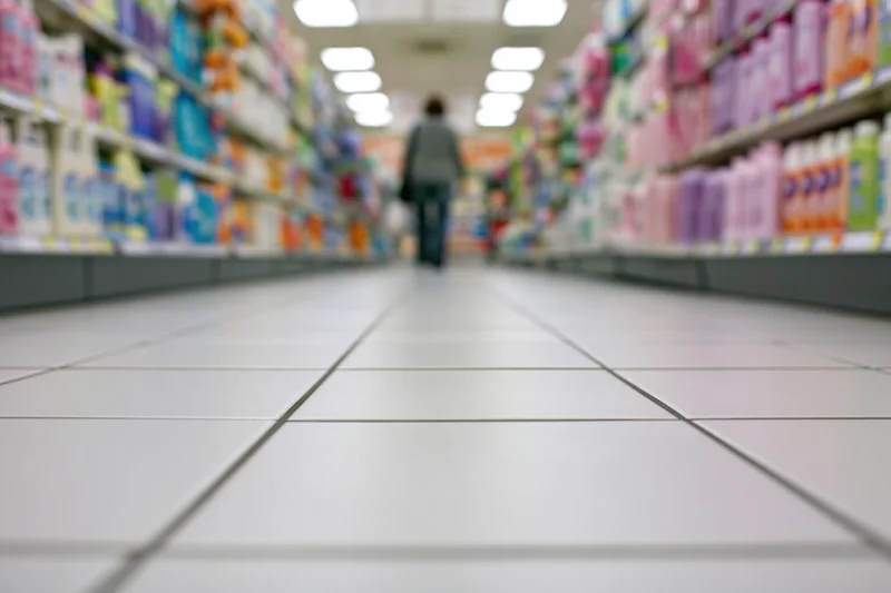 Low-angle view of a woman walking down a supermarket aisle lined with cleaning and personal care products