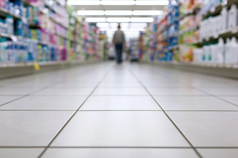 Low-angle view of a supermarket aisle with tiled floor and blurred shelves of household products, a person walking away in the distance