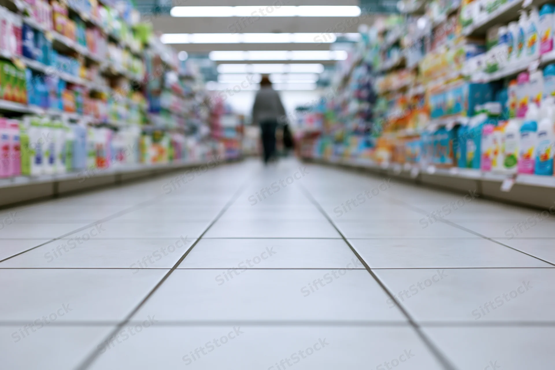 Low-angle view down a supermarket aisle with tiled floor and shelves stocked with products, blurred background and copyspace in foreground