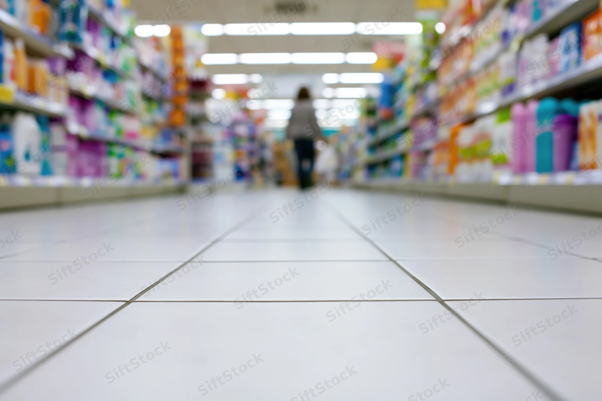 Low-angle view down a supermarket aisle with a woman shopping in the distance