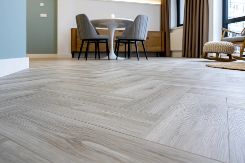 Herringbone wood flooring in a modern apartment living and dining area