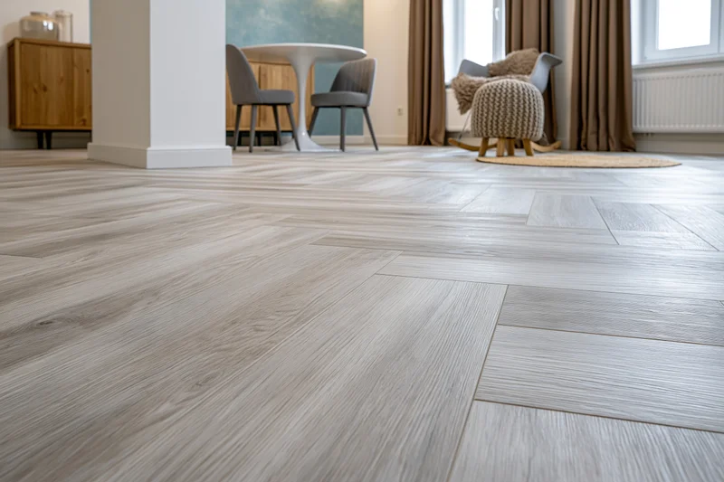 Herringbone wood flooring in a modern apartment living and dining area