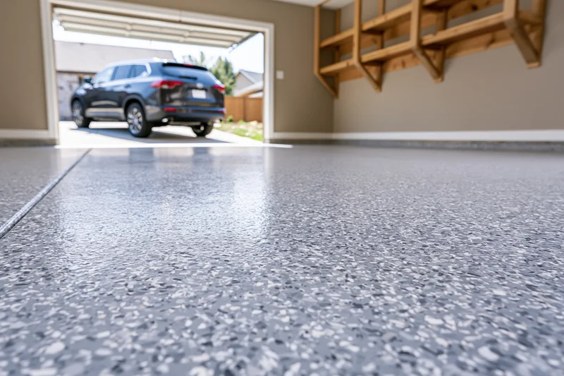 Low-angle view of epoxy-coated garage floor with black SUV parked outside through open door