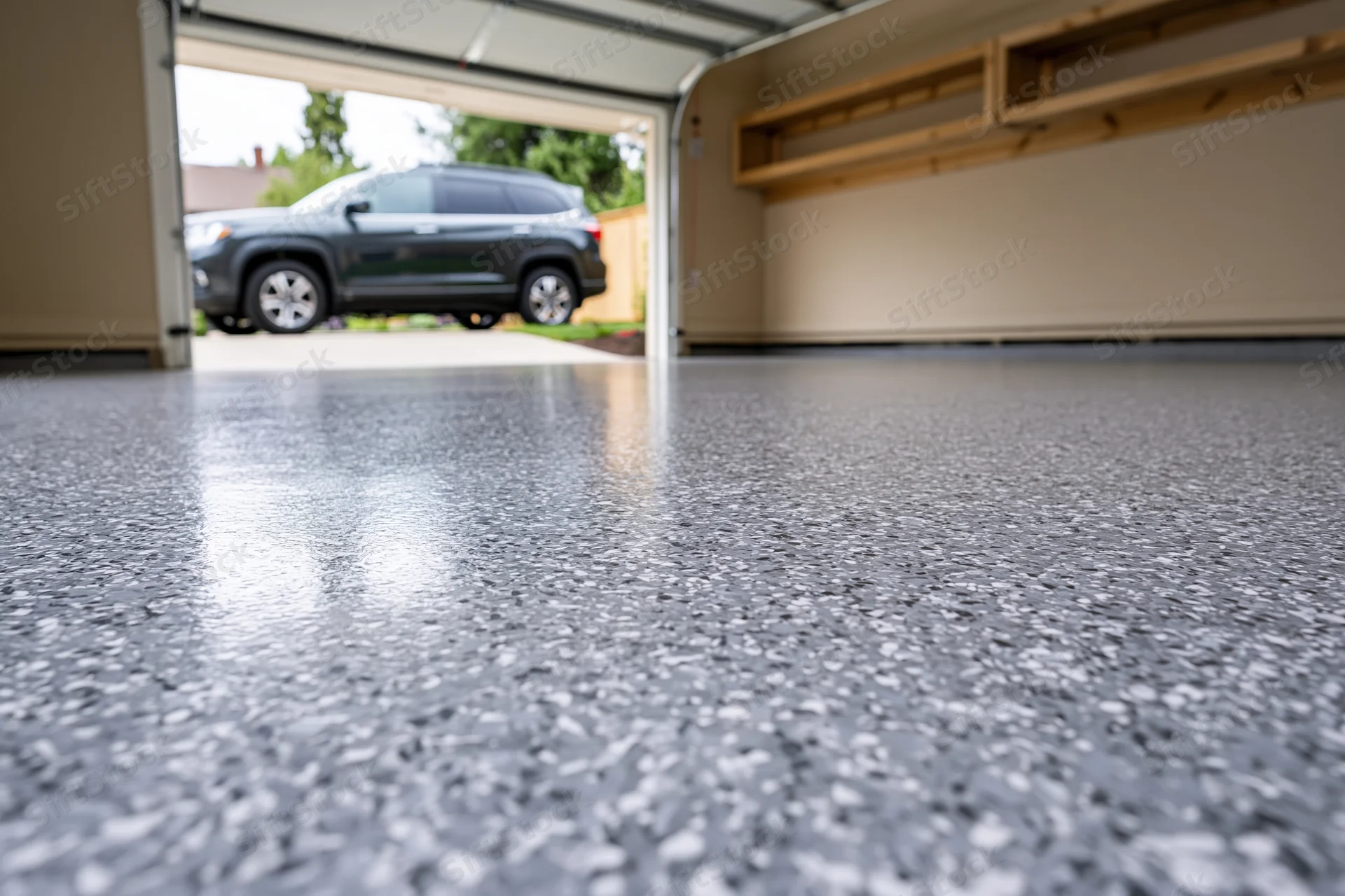 Low-angle view of a clean epoxy-coated garage floor with a parked SUV visible through the open door