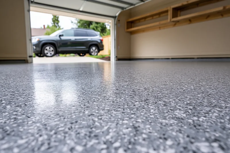 Low-angle view of a clean epoxy-coated garage floor with a parked SUV visible through the open door