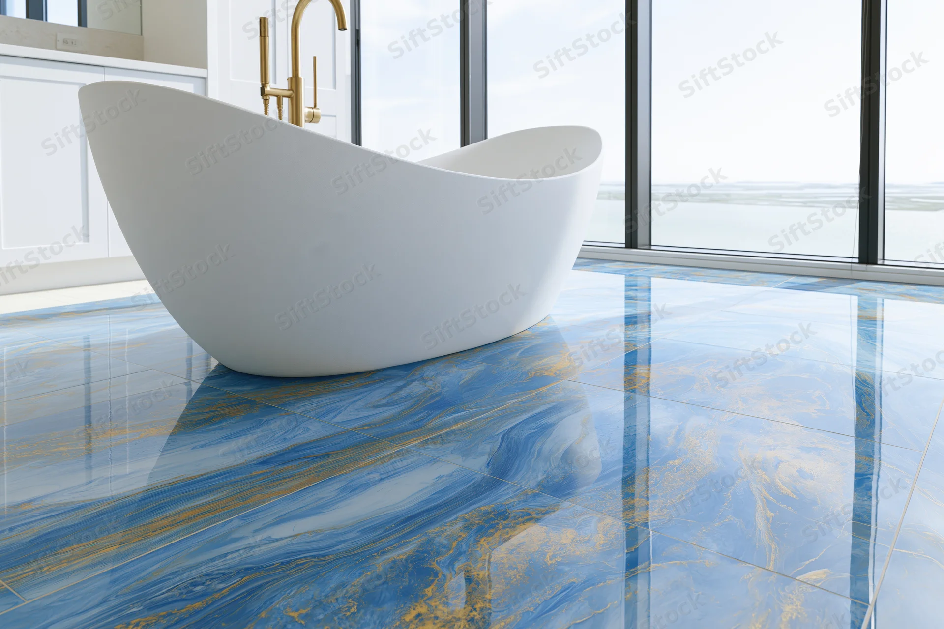 Freestanding white bathtub on blue and gold marble tile floor in luxury bathroom with ocean view through glass windows