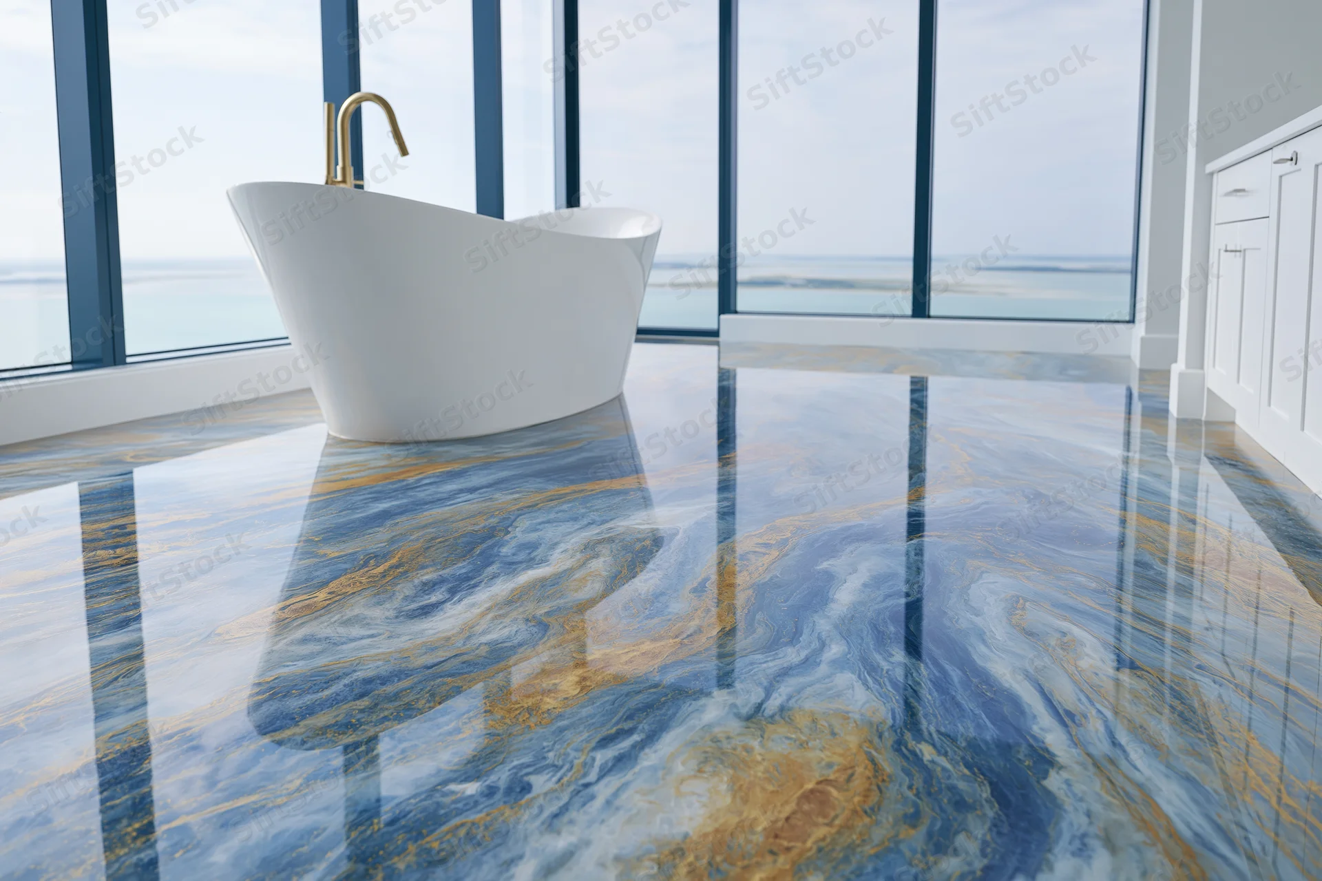 Freestanding white soaking bathtub in a luxury bathroom with ocean view through floor-to-ceiling windows