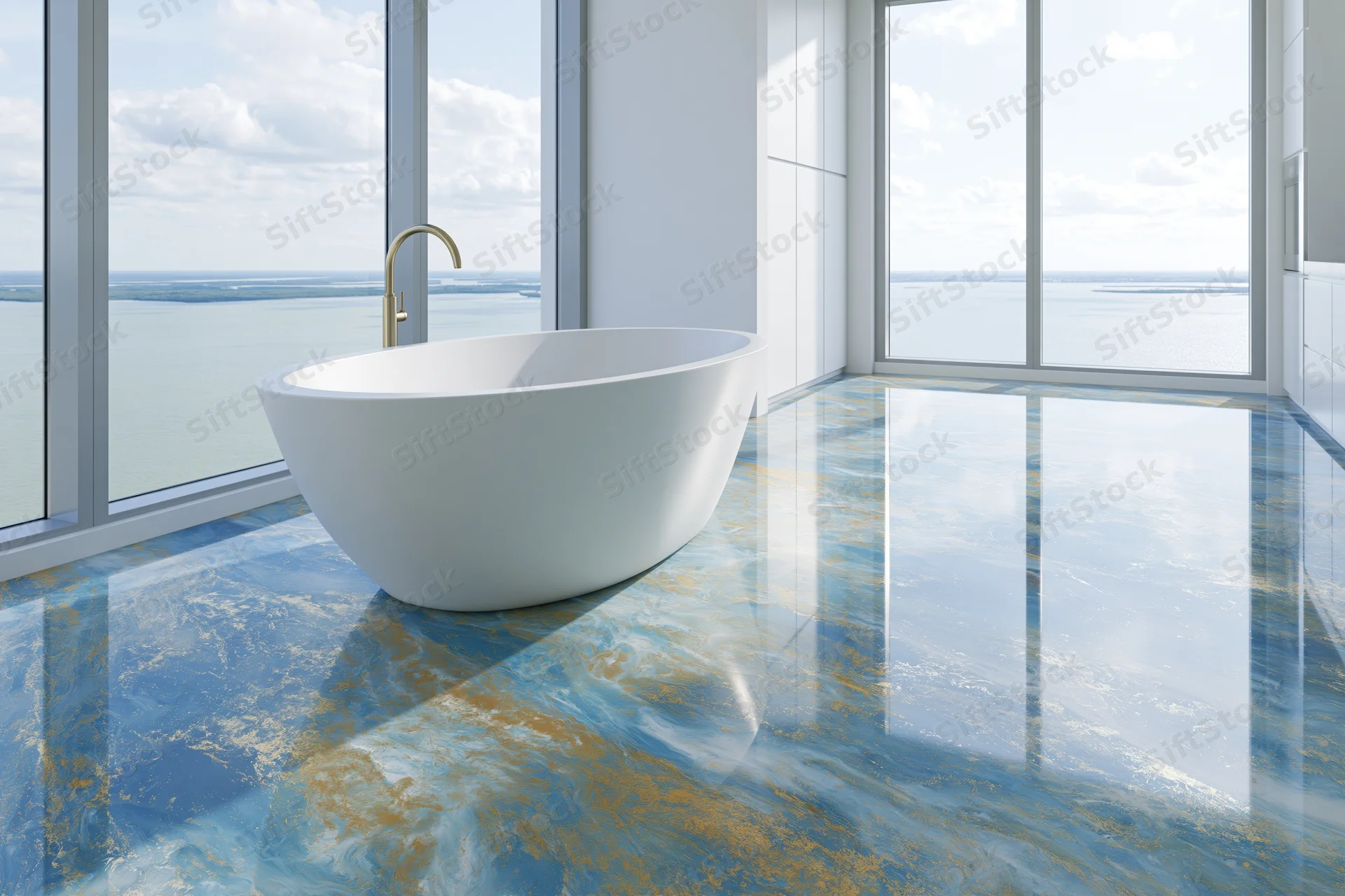 Freestanding white soaking bathtub in a modern luxury bathroom with panoramic ocean view through floor-to-ceiling windows