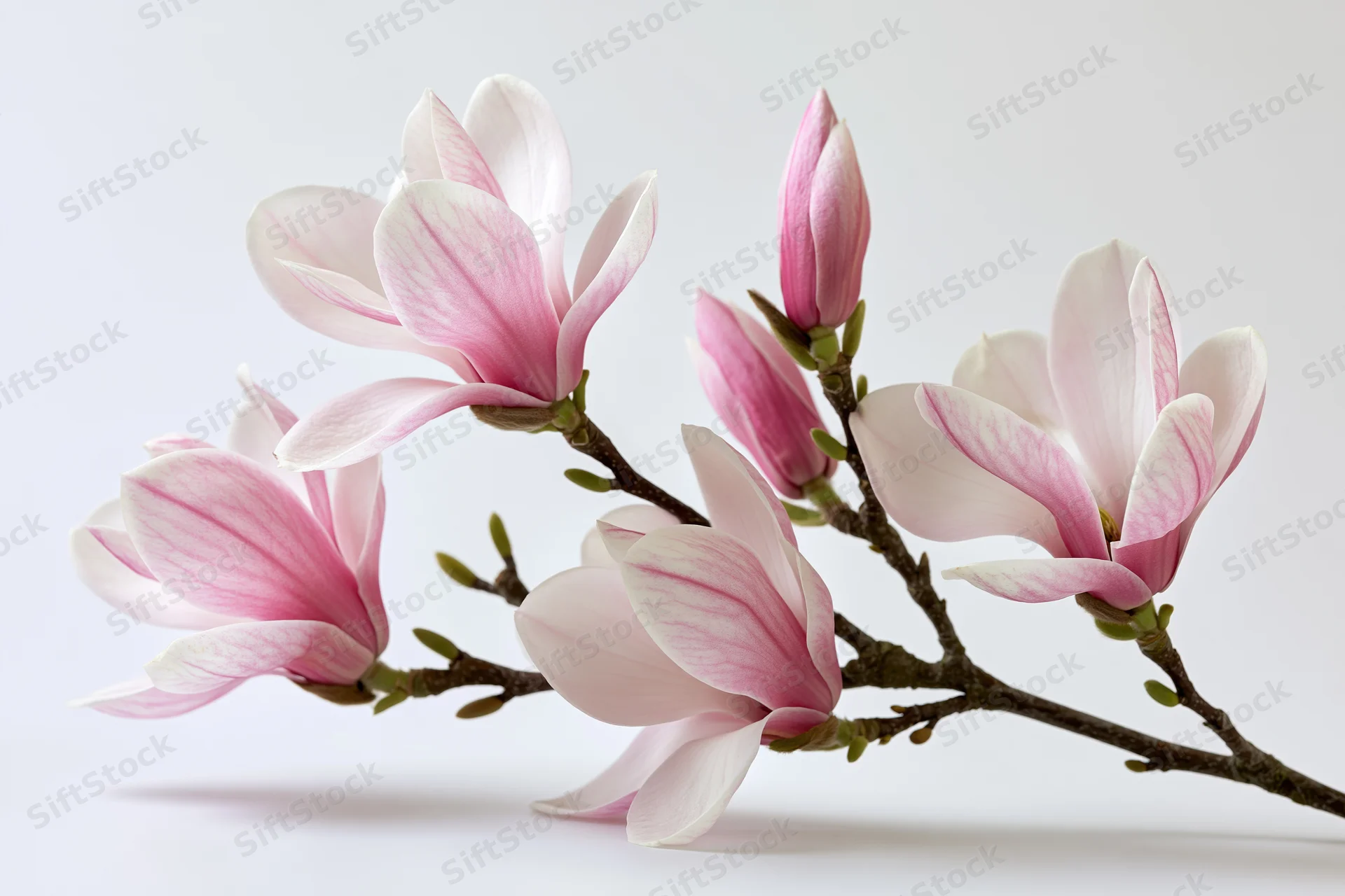 Magnolia branch with open blooms and tight buds arranged on a white background