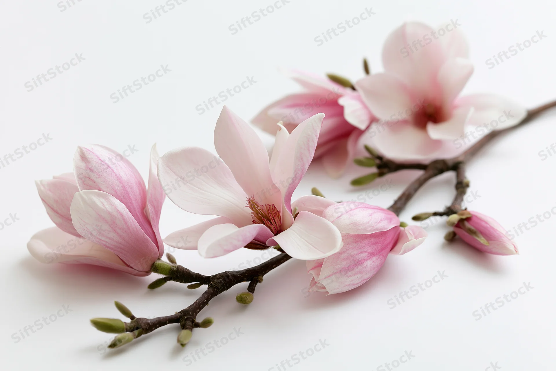 Magnolia branch with open blooms and tight buds on white background