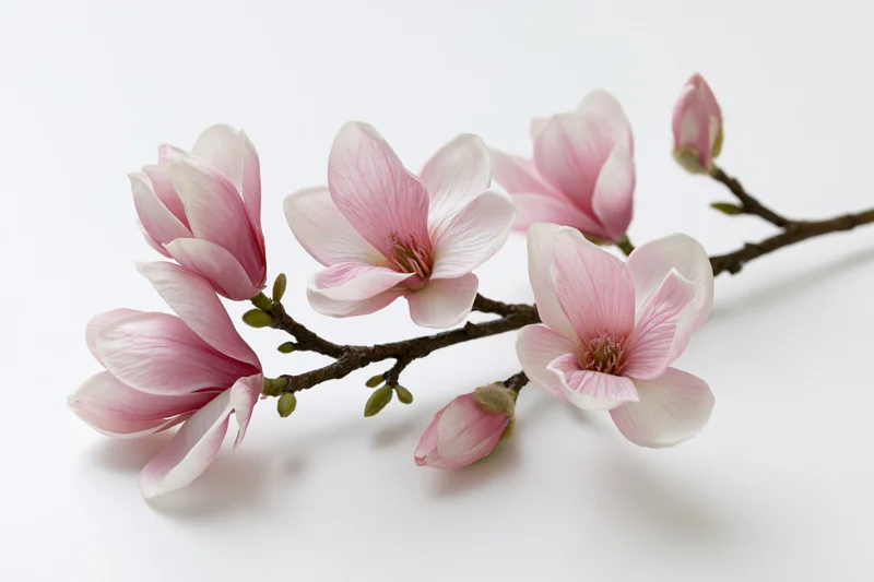 Magnolia branch with open blooms and closed buds on white background
