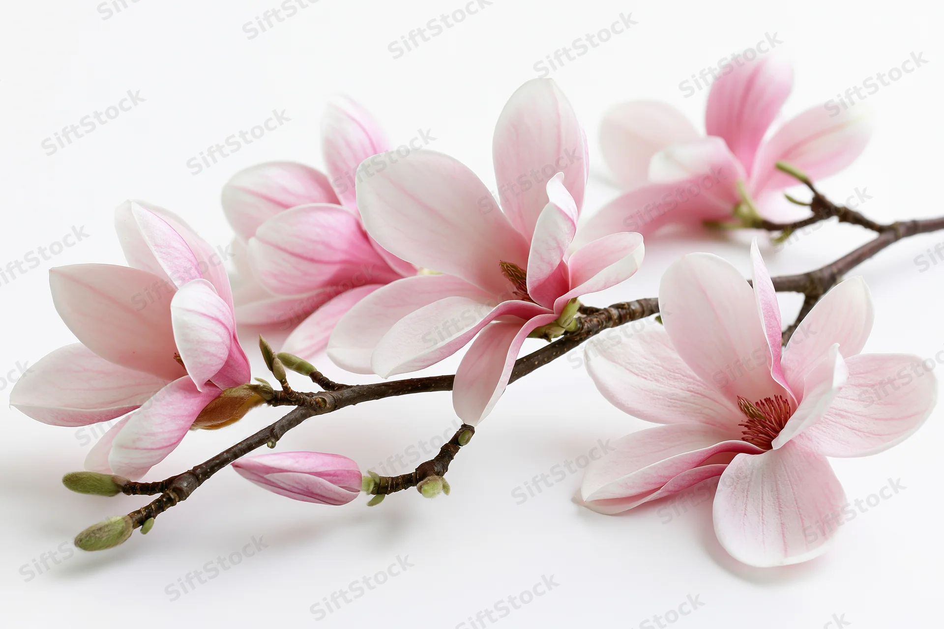 Magnolia branch with open blooms and tight buds on white background