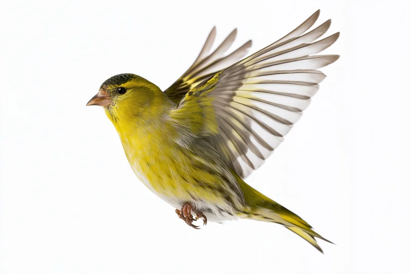 Male eurasian siskin in mid-flight with wings fully spread upward against white background
