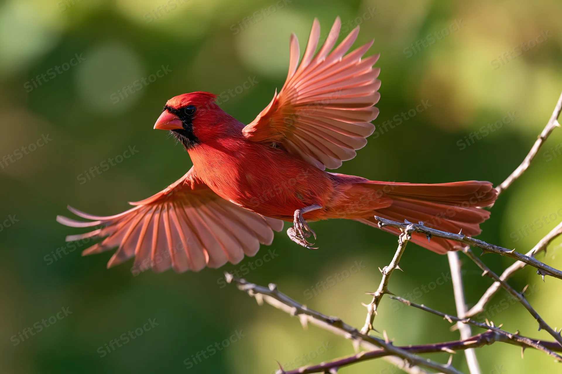 Male northern cardinal launching into flight from a thorny branch