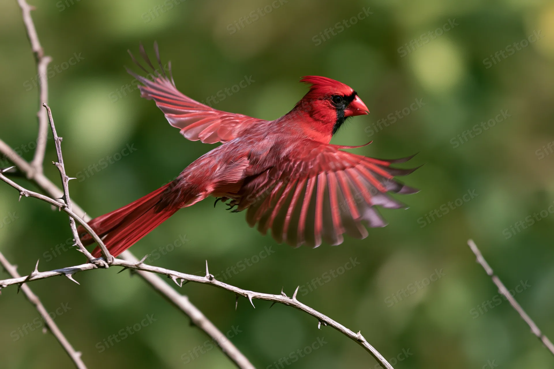 Male northern cardinal launching into flight from a thorny branch