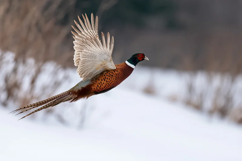Male ring-necked pheasant in mid-flight with wings extended over snowy field
