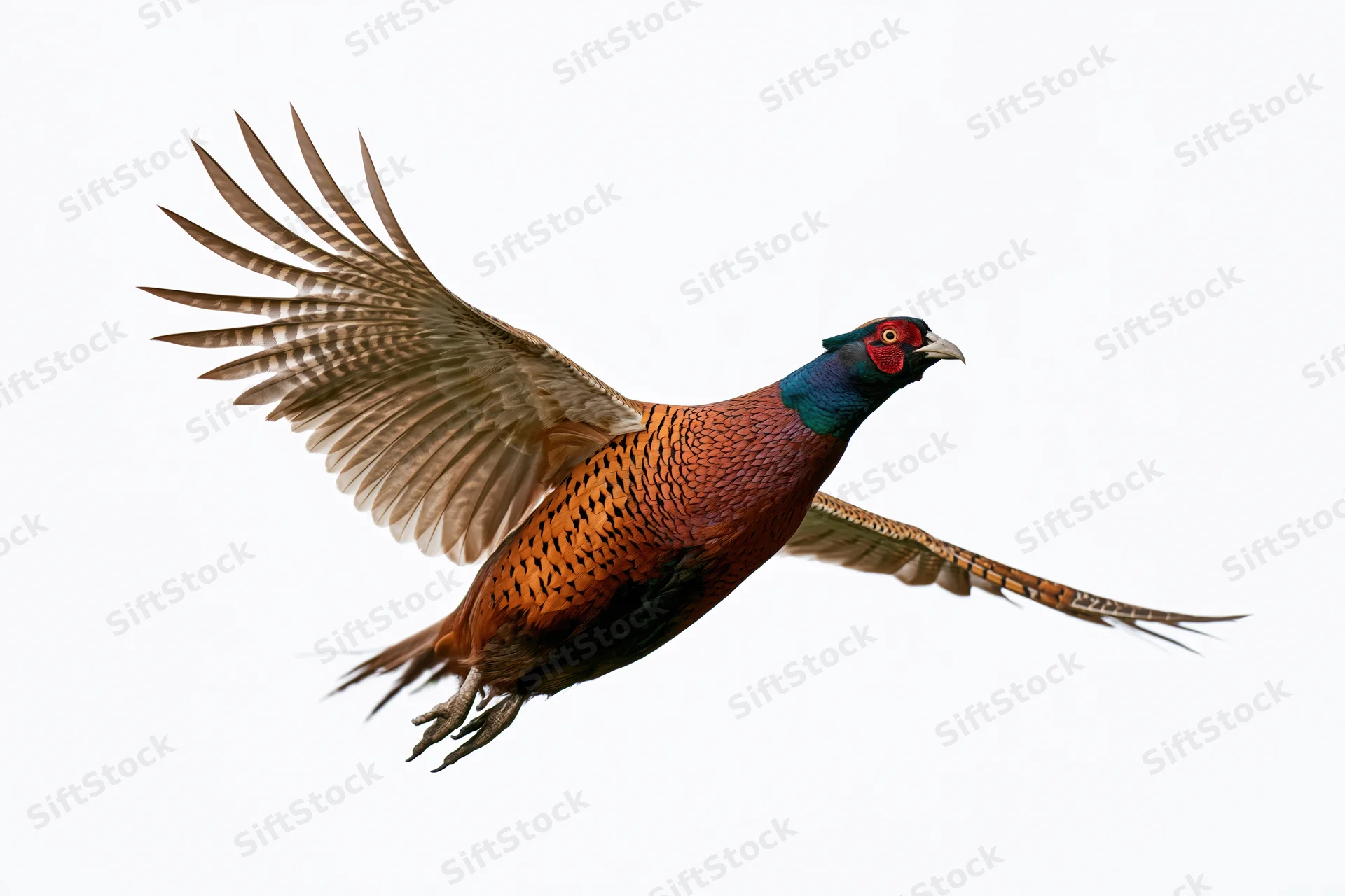 Male ring-necked pheasant in mid-flight with wings fully spread against white background