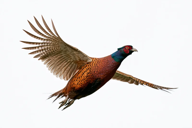 Male ring-necked pheasant in mid-flight with wings fully spread against white background