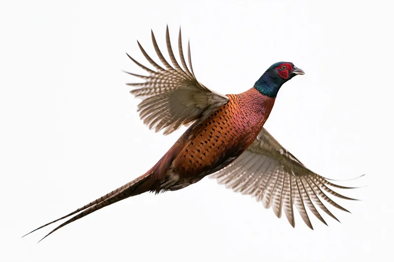 Male ring-necked pheasant in mid-flight with wings fully spread against white background