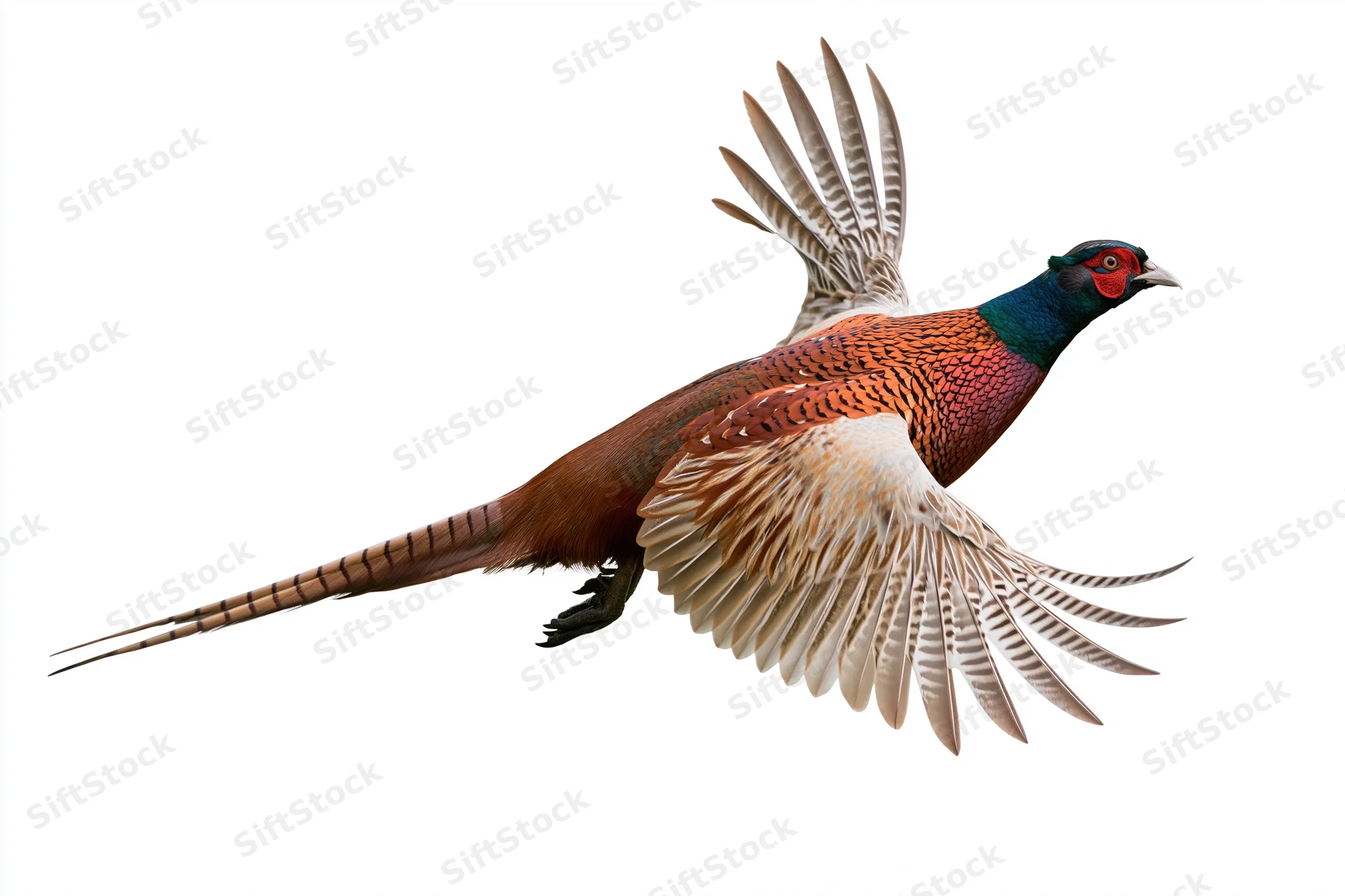 Male ring-necked pheasant in mid-flight with wings fully spread against white background