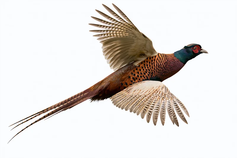 Male ring-necked pheasant in mid-flight with wings fully spread against white background