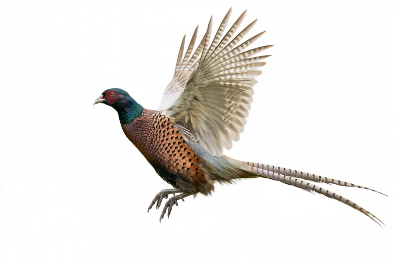 Male ring-necked pheasant in mid-flight with wings fully spread and long tail feathers extended against white background