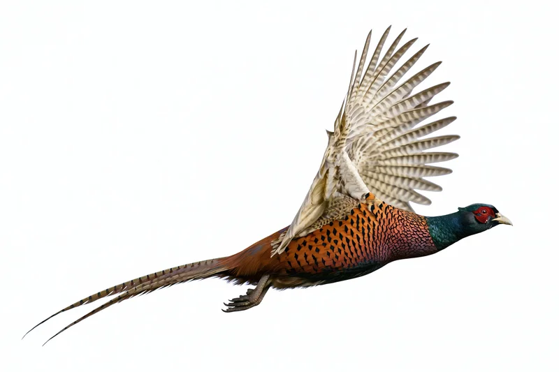 Male ring-necked pheasant in mid-flight with wings fully spread against white background