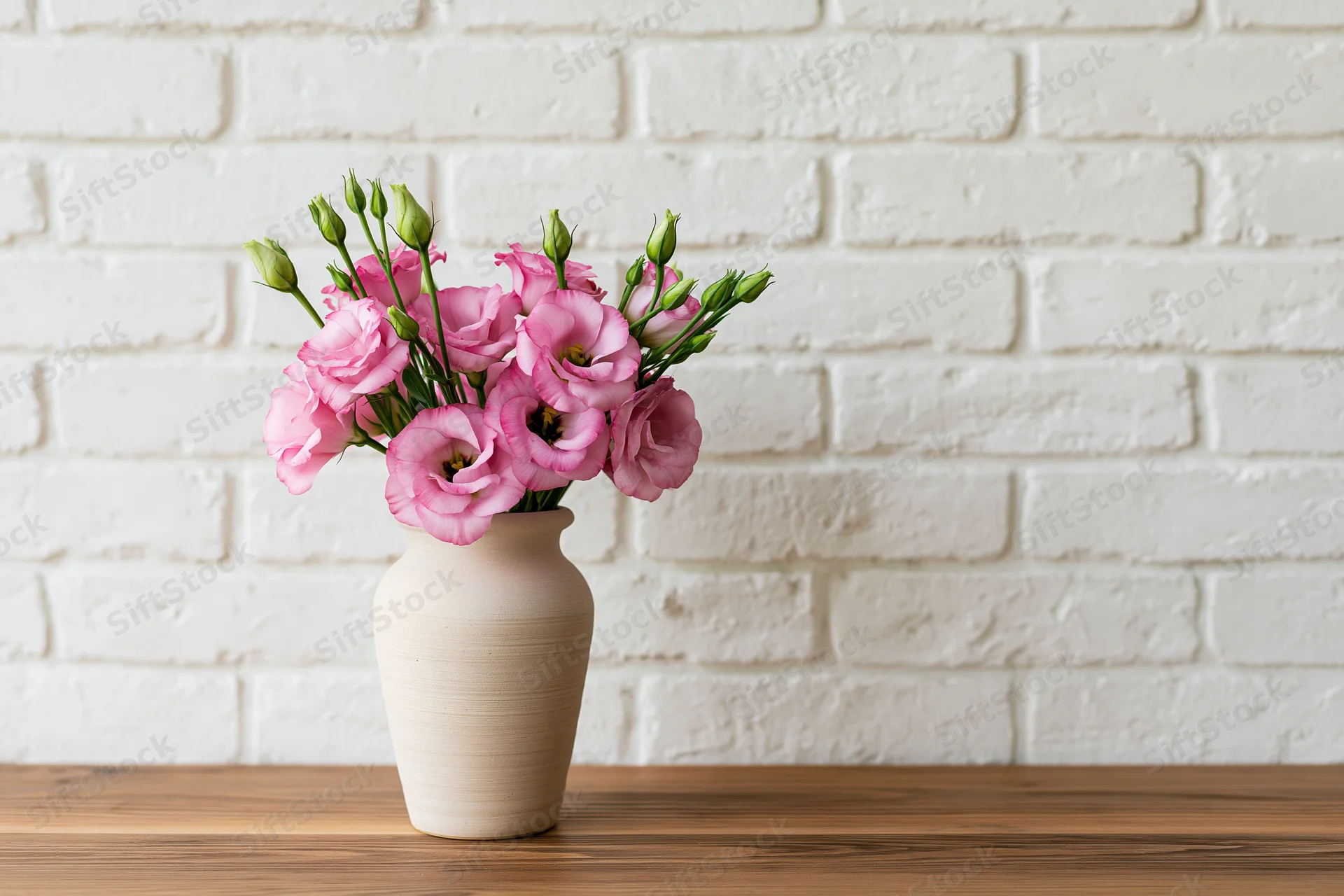 Matte beige ceramic vase holding a loose bouquet of pink lisianthus flowers on a wooden table against a white brick wall