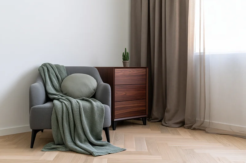 Gray armchair with green blanket and pillow beside walnut dresser in bedroom corner near window with curtains