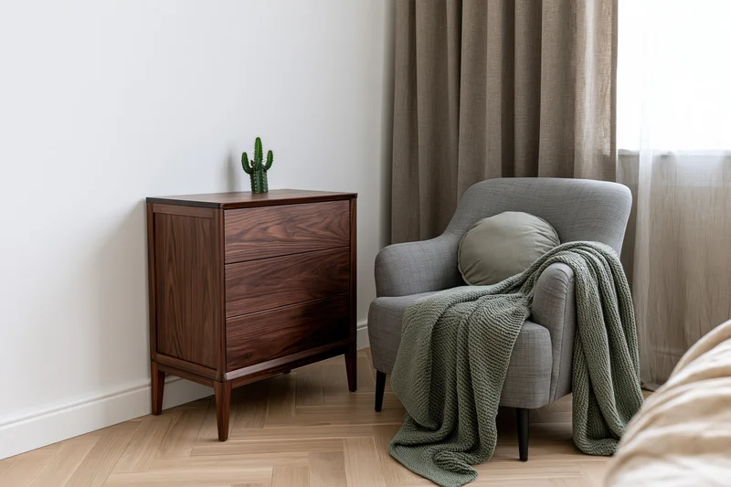 Dark walnut dresser with three drawers beside a gray armchair draped with a green knit blanket in a bedroom corner near a window with beige curtains
