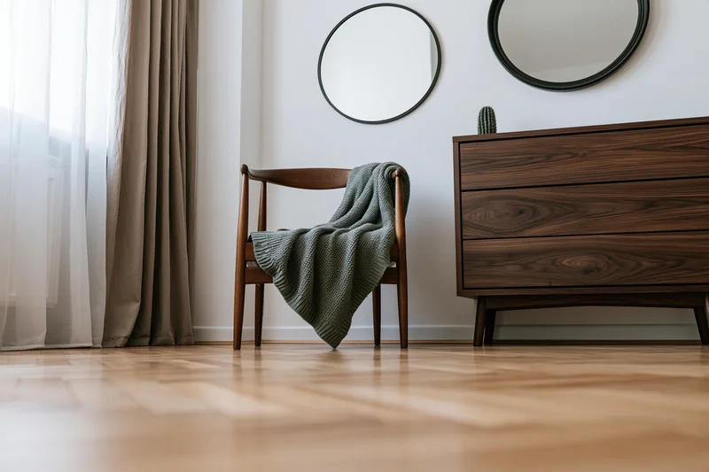 Wooden armchair draped in green knitted blanket beside dresser in minimalist bedroom corner