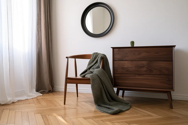 Wooden armchair draped with green knit blanket beside dresser in minimalist bedroom corner