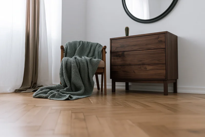 Wooden armchair draped in green knit blanket beside dresser in bedroom corner
