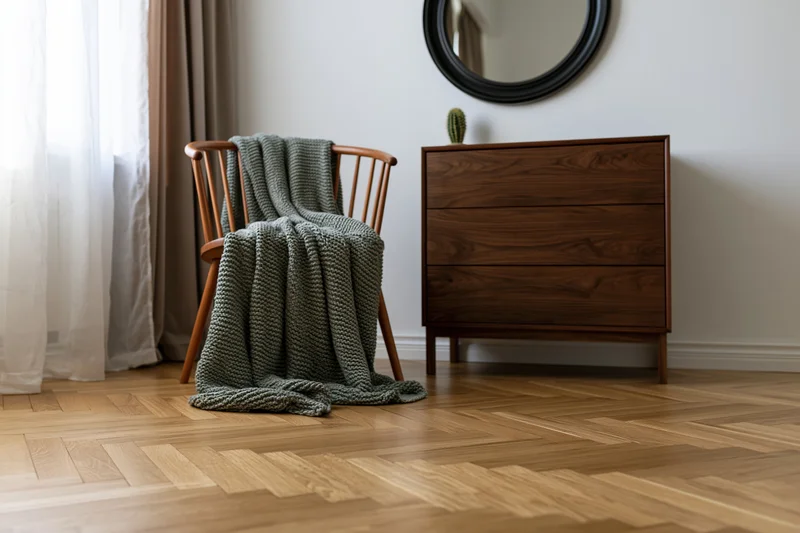 Wooden armchair draped in green knitted blanket beside dresser in minimalist bedroom corner