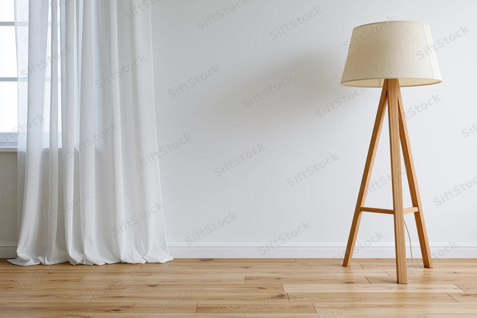 Wooden tripod floor lamp in minimalist empty room with white curtain and hardwood flooring