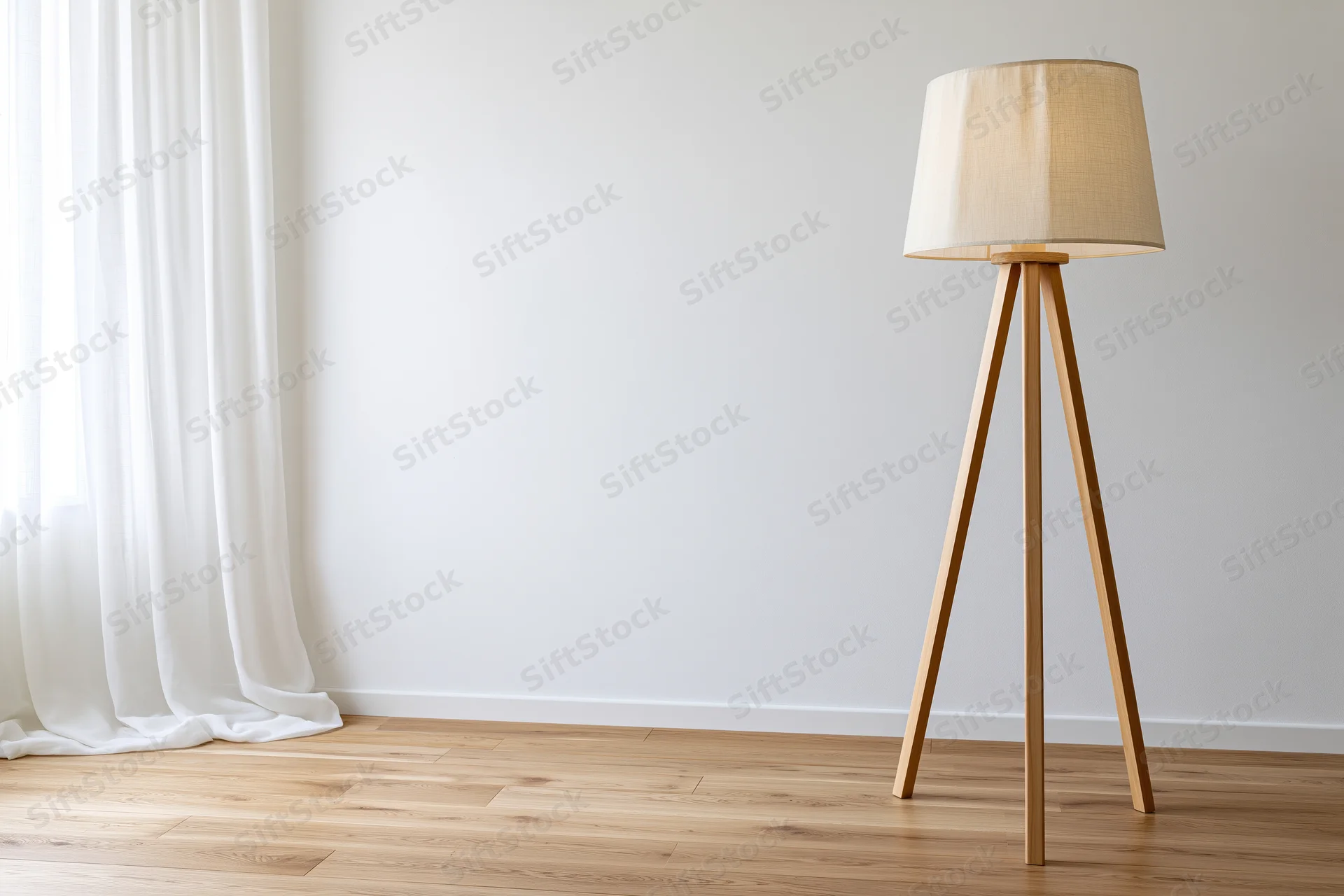 Wooden tripod floor lamp in minimalist empty room with white curtain and hardwood flooring