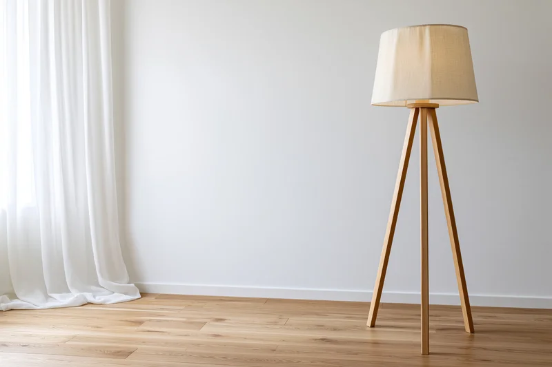 Wooden tripod floor lamp in minimalist empty room with white curtain and hardwood flooring