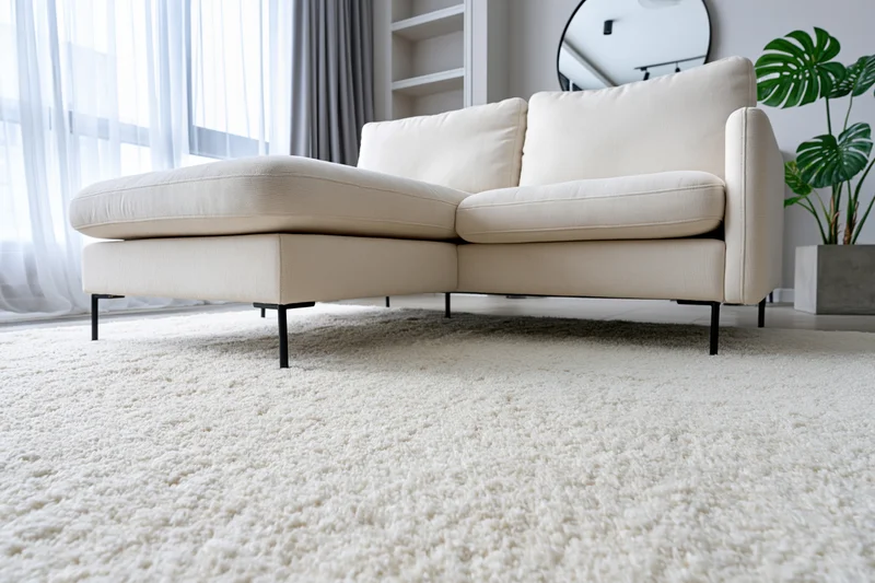 Cream sofa with chaise lounge on white rug in minimalist living room with window and plant