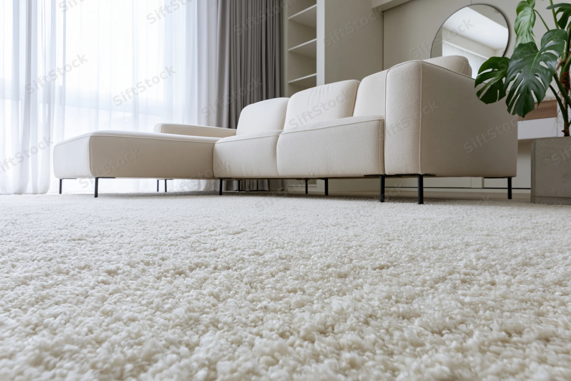 Low-angle view of a white sectional sofa on a plush carpet in a minimalist living room with natural light and a monstera plant