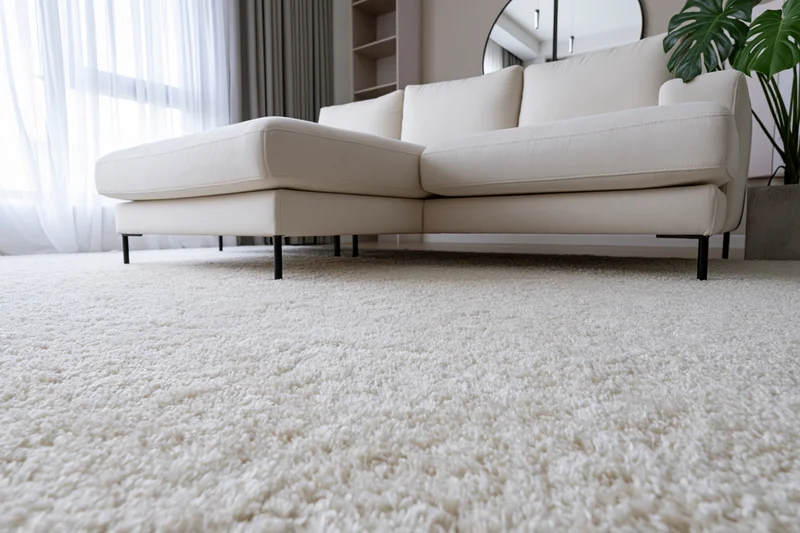 White sectional sofa on beige carpet in minimalist living room interior