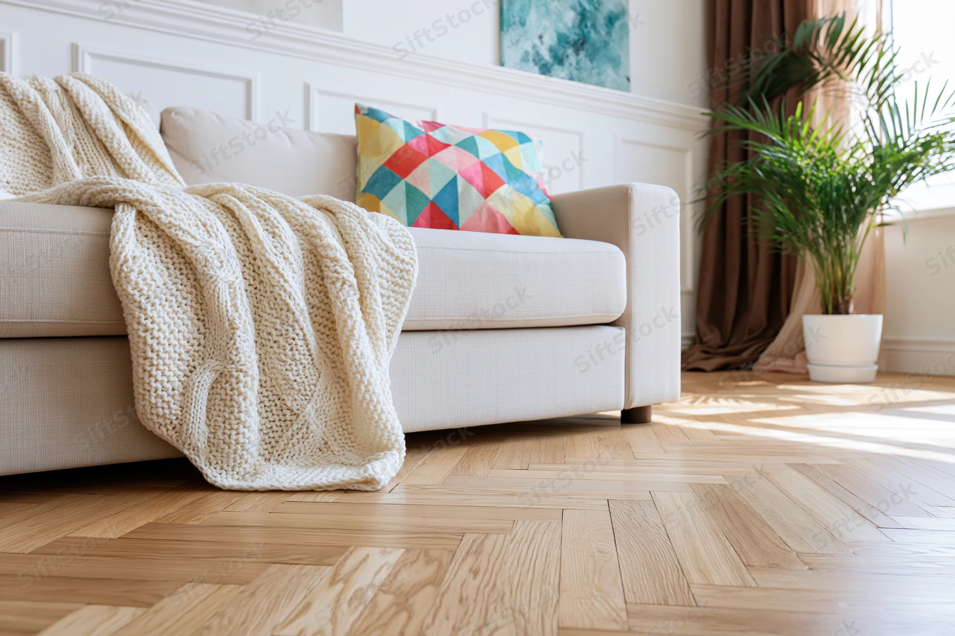 Beige linen sofa with colorful geometric pillow and knitted throw in minimalist living room with parquet flooring and potted palm near window