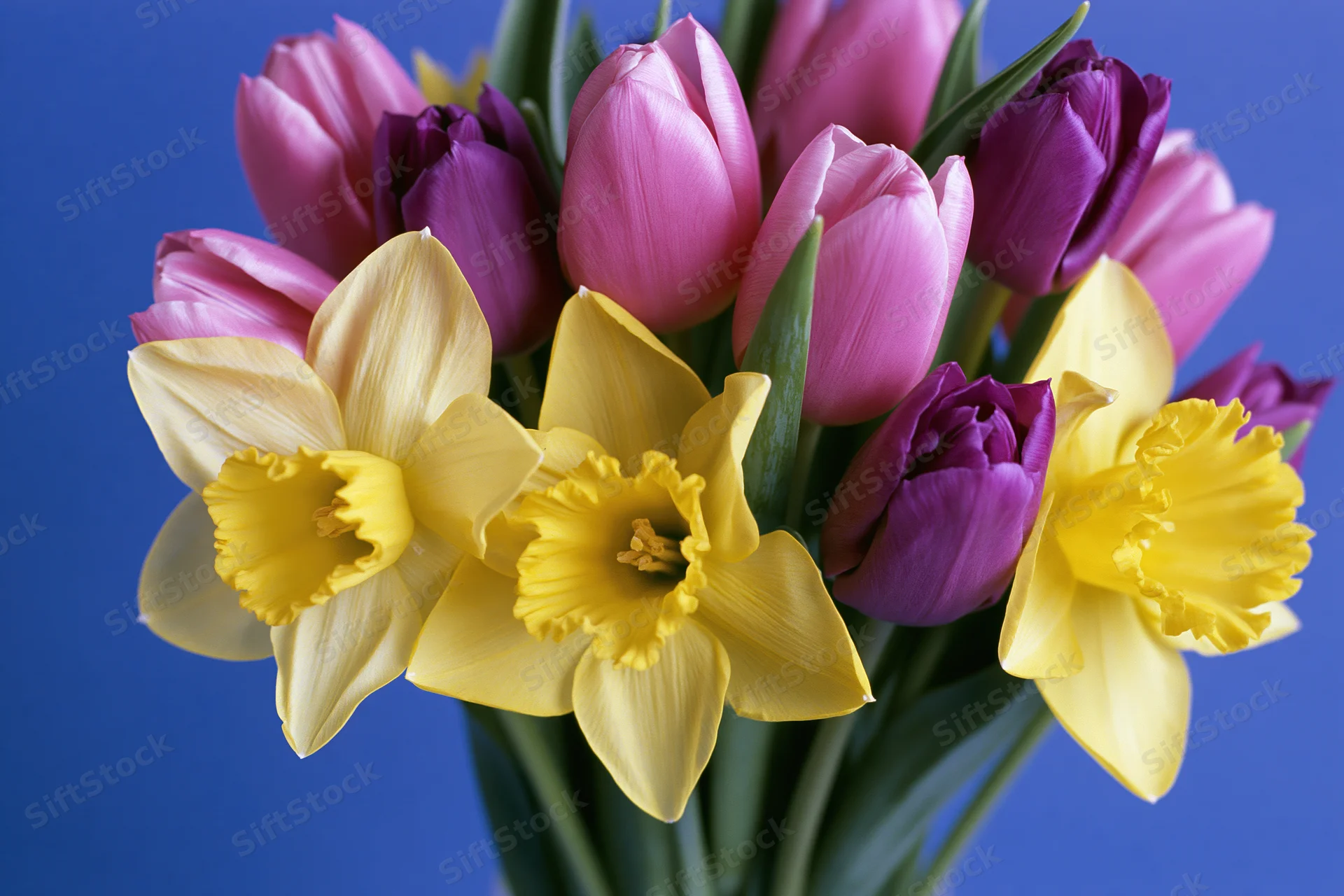 Mixed spring bouquet of yellow daffodils and pink and purple tulips against blue background
