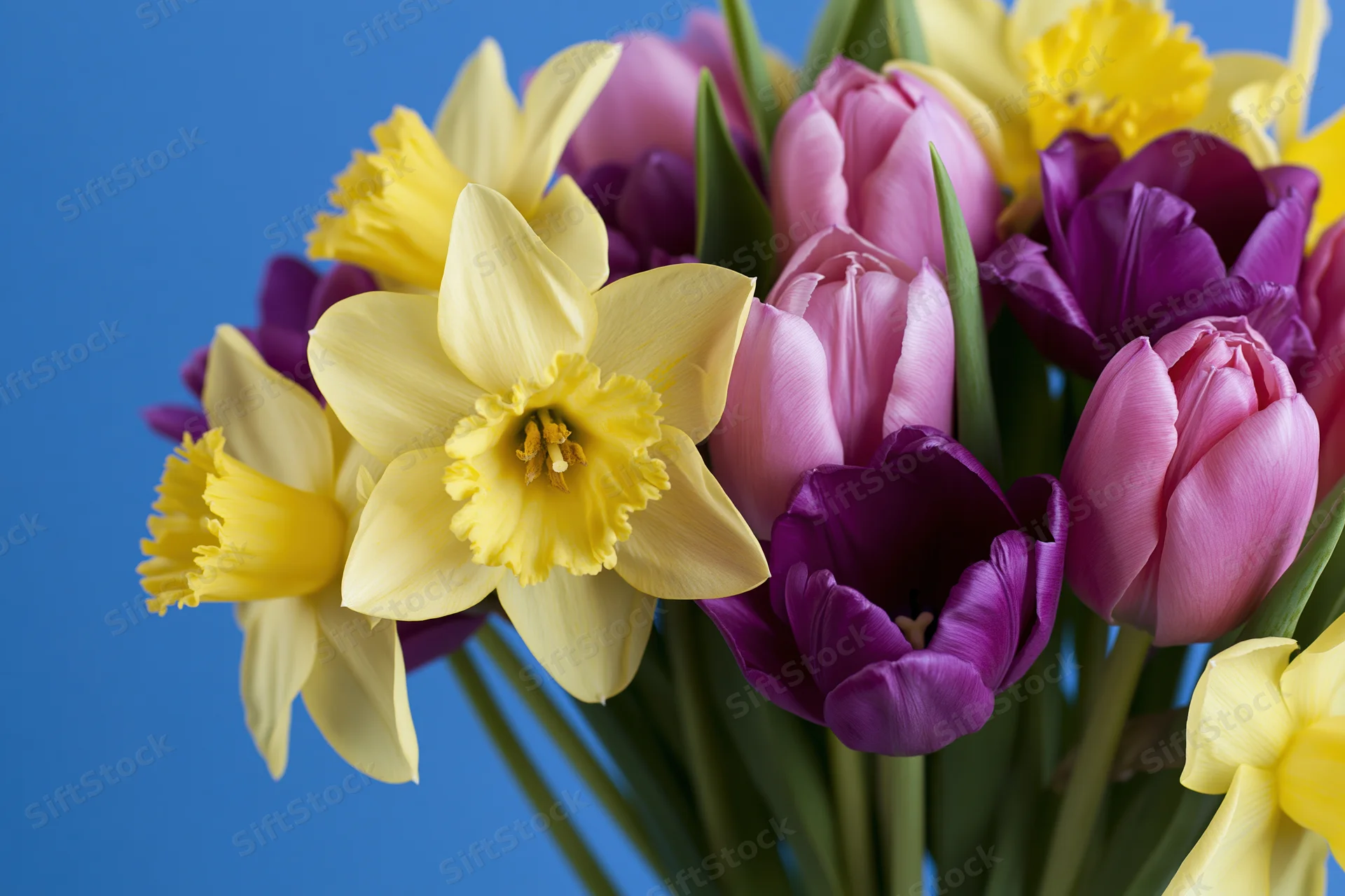 Mixed spring bouquet of yellow daffodils and pink and purple tulips against blue background