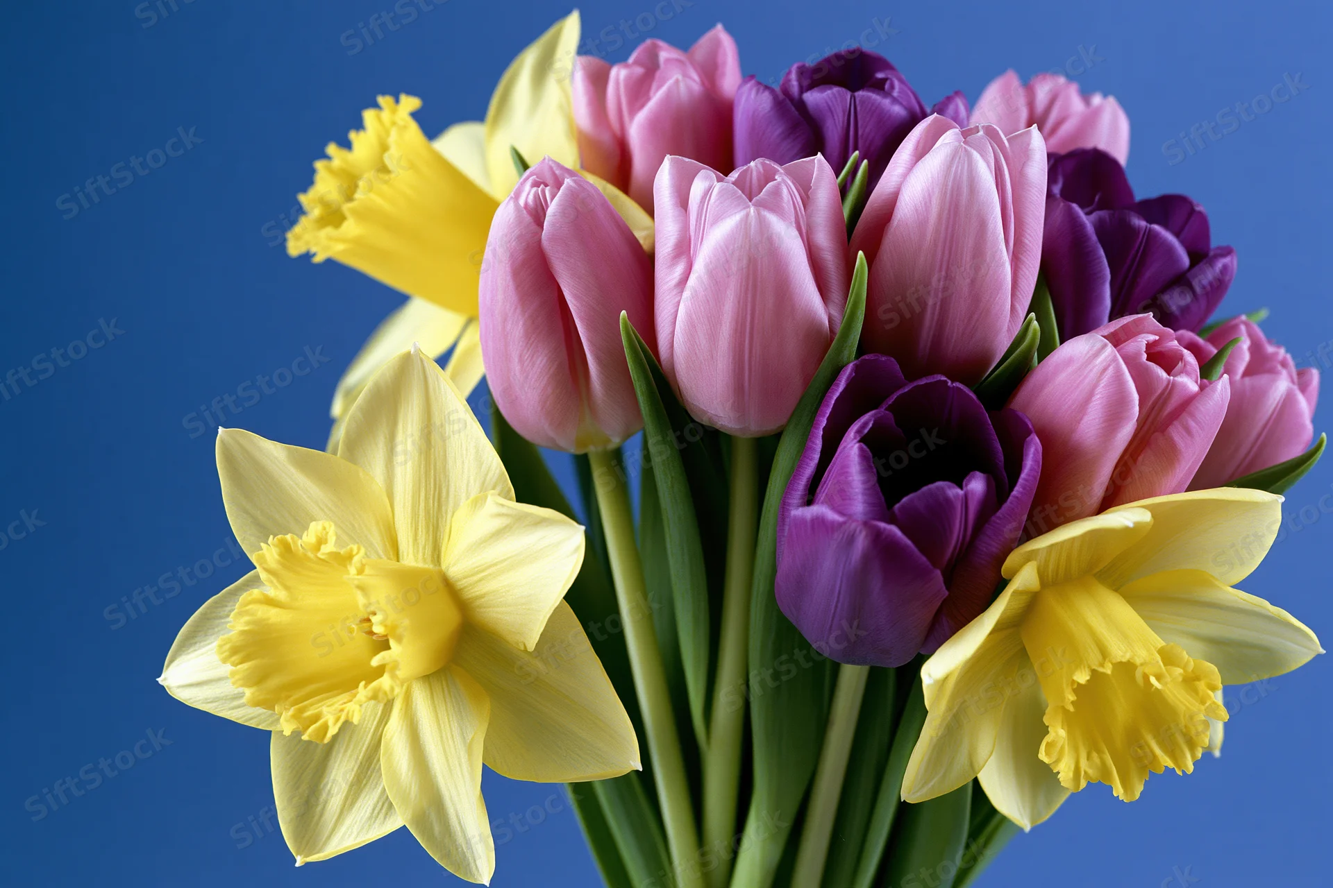 Mixed spring bouquet of yellow daffodils and pink and purple tulips against blue background