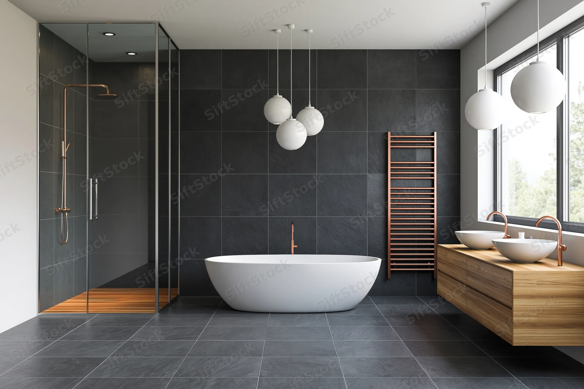 Freestanding white bathtub in modern luxury bathroom with glass shower and wooden vanity