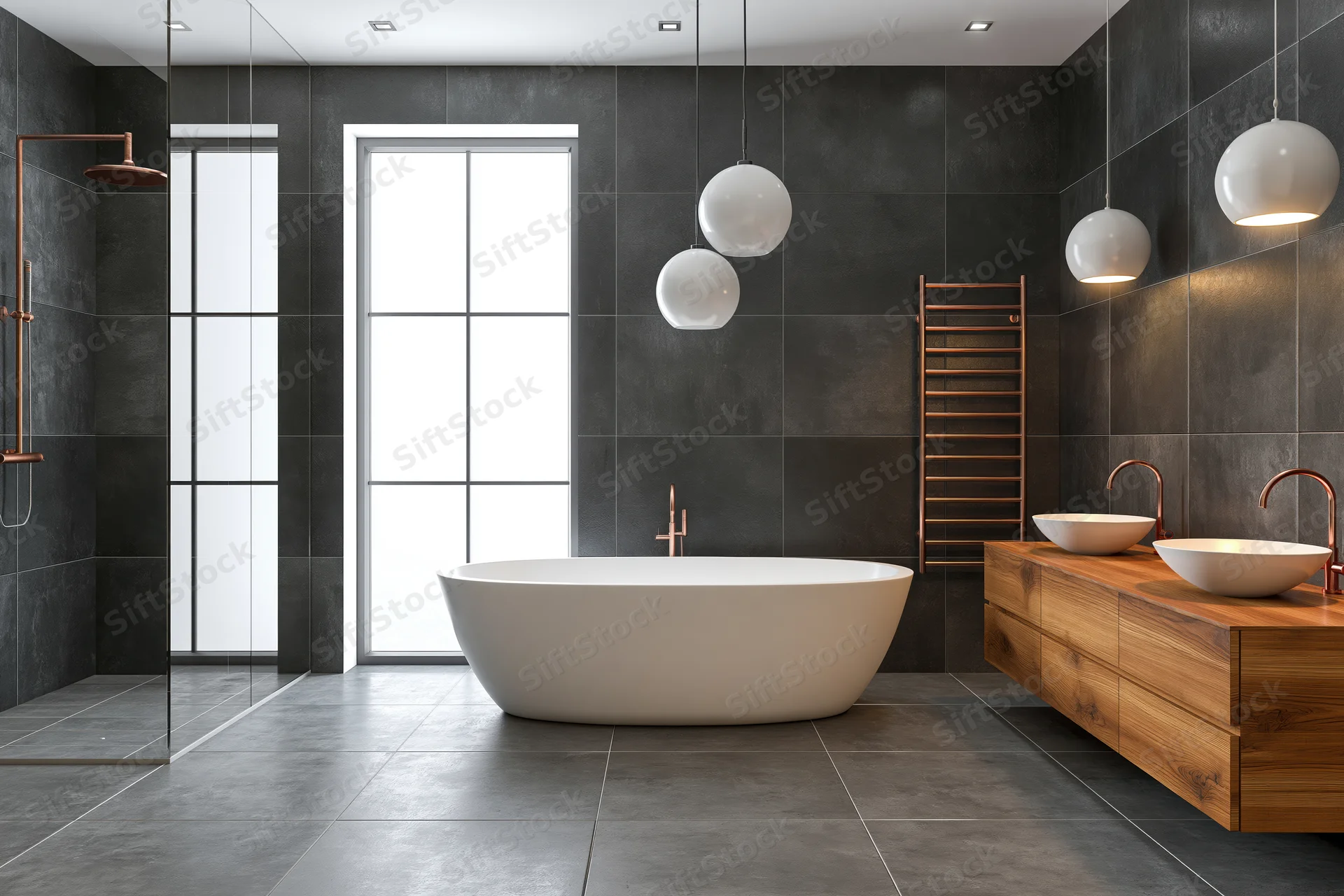 Freestanding white oval bathtub in modern luxury bathroom with copper fixtures and wooden vanity