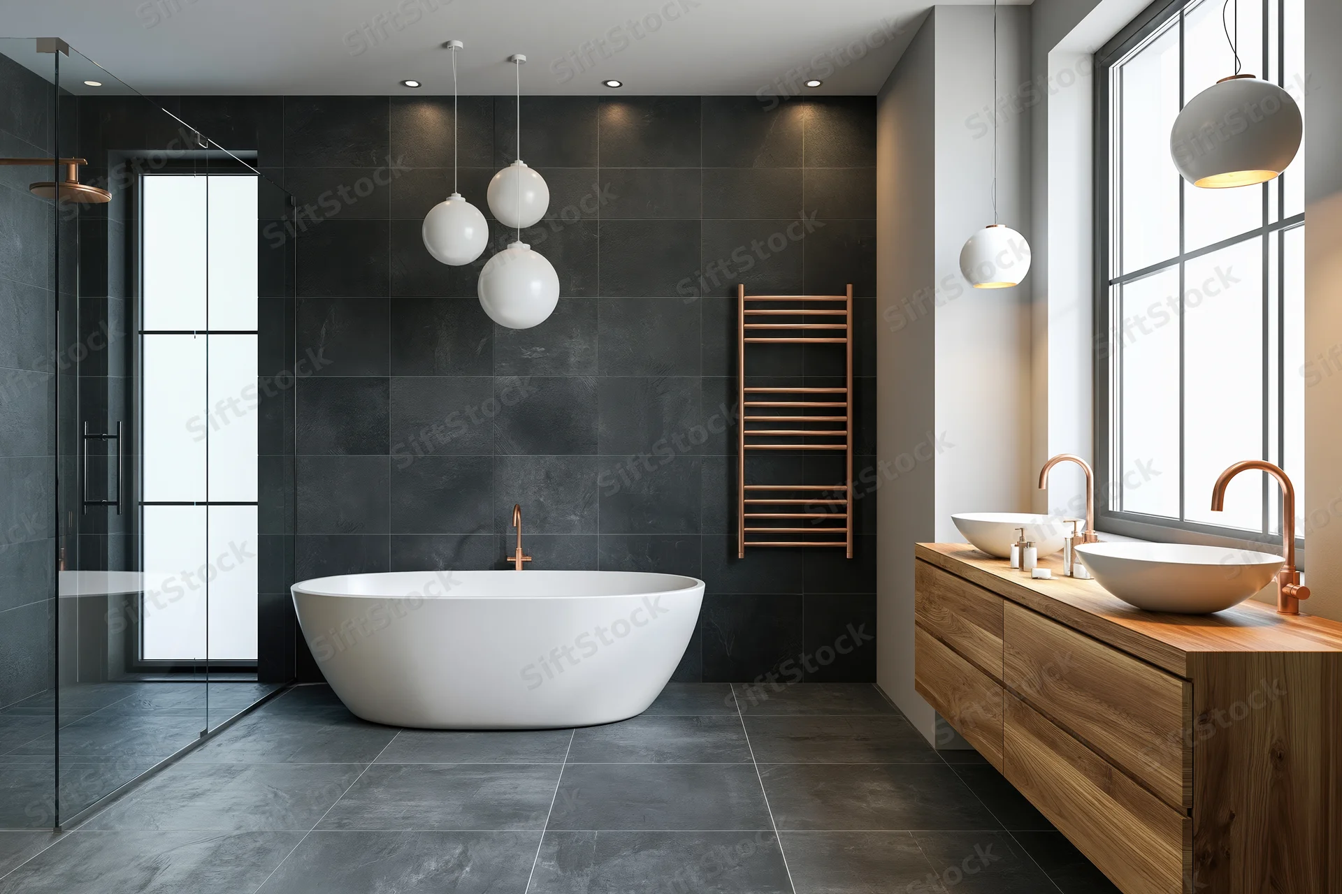Freestanding white bathtub in modern luxury bathroom with dark tiled walls and wooden vanity