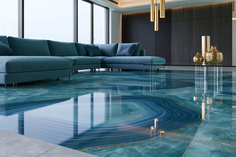 Modern luxury living room with glossy blue epoxy resin floor and teal sectional sofa near large windows