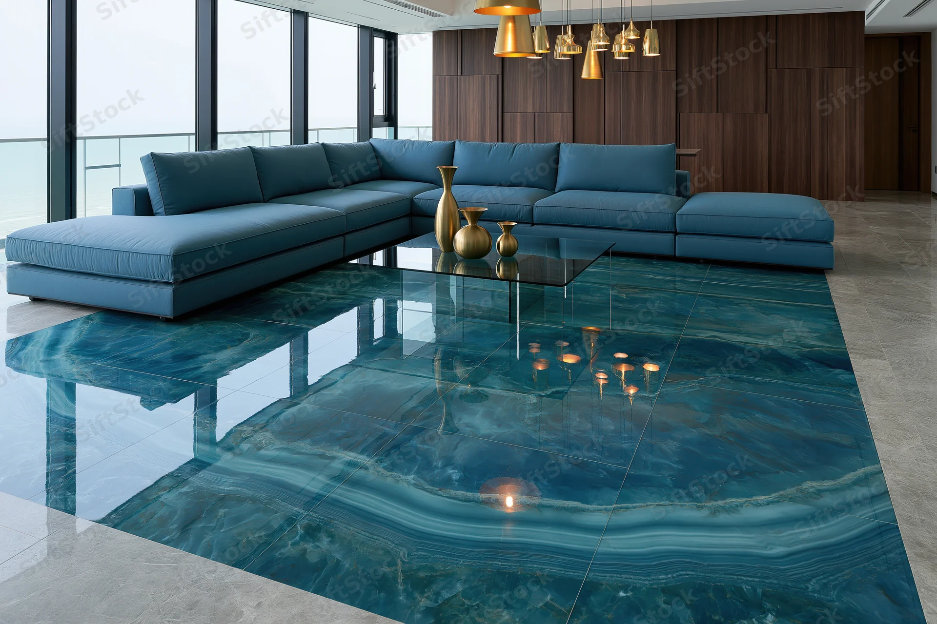 Modern luxury living room with glossy blue epoxy resin floor and sectional sofa near balcony view