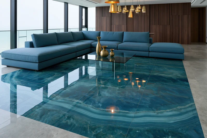 Modern luxury living room with glossy blue epoxy resin floor and sectional sofa near balcony view